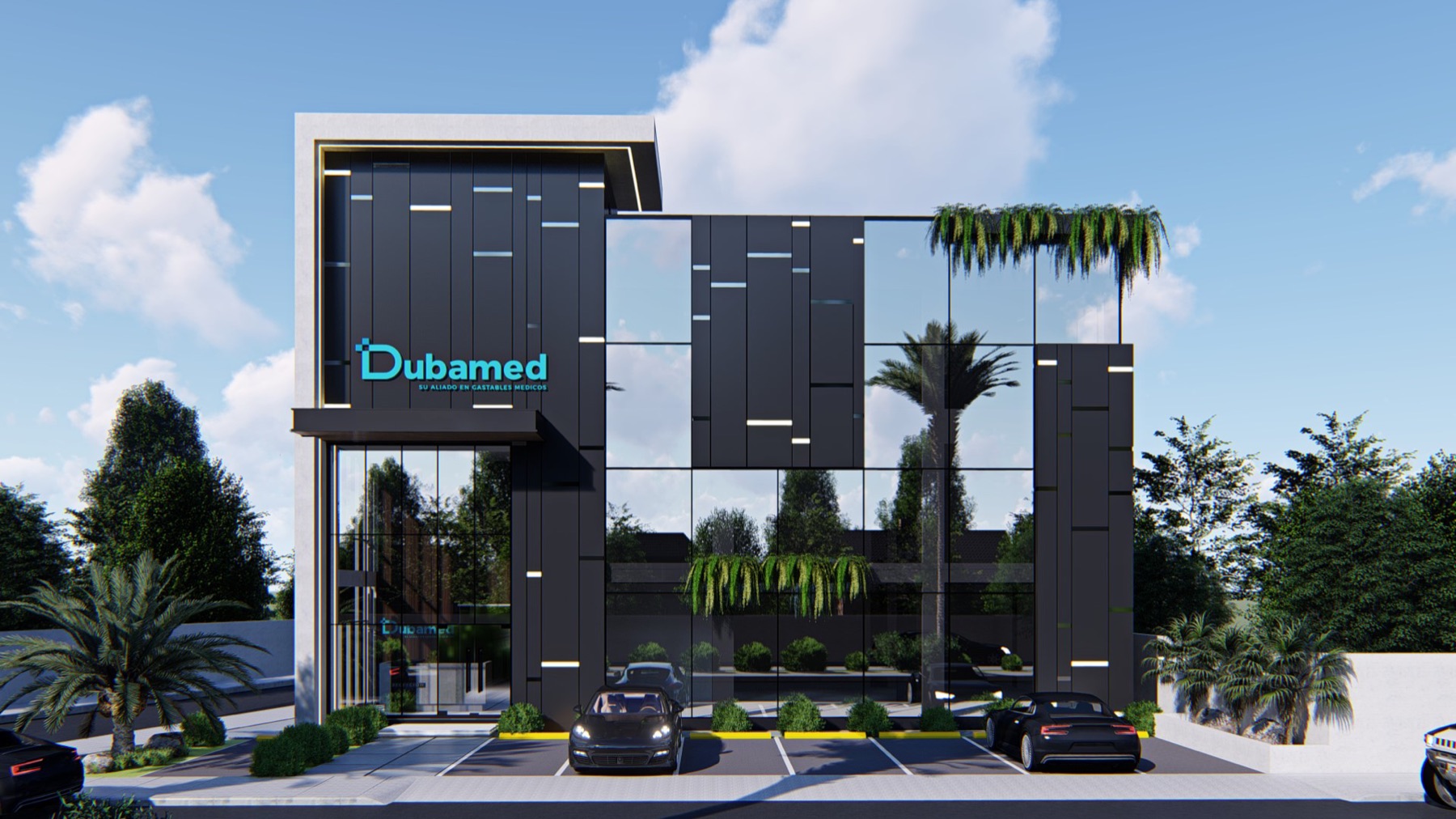 Fachada de vidrio del edificio Dubamed
